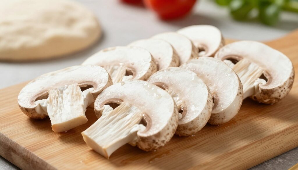 A close-up view of freshly sliced mushrooms, specifically pieczarki, arranged neatly on a wooden cutting board. The mushrooms should showcase their fine, delicate texture with a glistening surface, capturing the light softly. The background features a blurred kitchen setting, with hints of a pizza dough and fresh ingredients, creating a warm and inviting atmosphere. The sunlight filters through the window, casting gentle shadows that emphasize the intricate details of the mushroom slices. The scene is shot from a slightly elevated angle to highlight the cutting technique, showcasing how the slices maintain their shape and texture, avoiding excess moisture. The overall mood is fresh, homey, and culinary-focused.