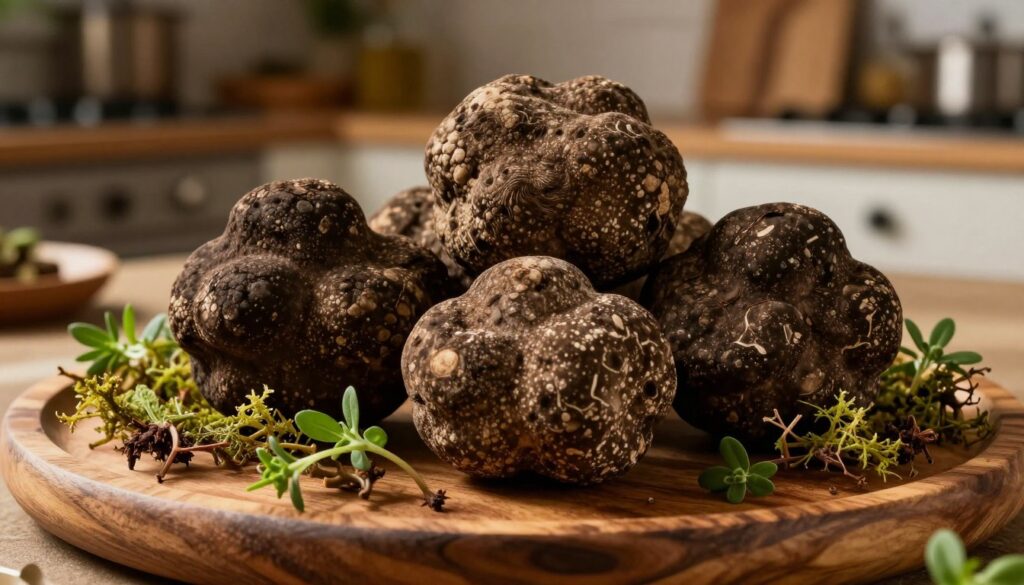 A close-up view of gourmet truffles arranged on a wooden platter, showcasing their unique textures and rich earthy tones. The truffles are nestled among a bed of delicate forest moss and scattered fresh herbs, accentuating their natural beauty. Soft, diffused lighting illuminates the scene, casting gentle shadows that enhance the depth of the truffles’ rugged surfaces. The background features a blurred rustic kitchen setting with wooden shelves and culinary tools, creating an inviting, warm atmosphere. The composition emphasizes the luxury and rarity of truffles, evoking a sense of culinary elegance and appreciation in the world of gastronomy. The image captures a moment of indulgence in fine dining, with a warm color palette to heighten the inviting feel.