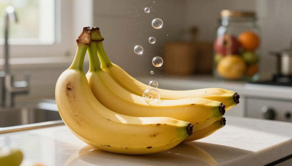 A close-up view of ripe bananas on a kitchen countertop, showing their vibrant yellow color subtly fading into spots of dark brown. Surrounding the bananas, there are translucent ethylene gas bubbles rising in the air, symbolizing the process of ripening and eventual decay. The background features a softly blurred kitchen setting, with warm, natural lighting flowing in from a nearby window, casting gentle shadows. A glass jar filled with other fruits like apples and oranges sits slightly off to the side to suggest a fruit storage context. Use a shallow depth of field to highlight the bananas and ethylene bubbles, creating a warm, informative atmosphere that evokes curiosity about ripening processes.
