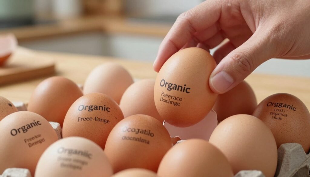 A close-up view of various egg shells displaying different labels and markings indicating their classifications, such as organic, free-range, and conventional. The foreground features a collection of eggs, each showing detailed annotations on their shells in clear, legible text. In the middle, a hand gently lifts an egg to examine its markings closely, showcasing the texture of the shell. The background is softly blurred, with a wooden table and kitchen elements to suggest a homey atmosphere, illuminated by warm, natural sunlight. The lighting highlights the eggs' glossy surfaces, creating a fresh and inviting mood, perfect for an educational context about egg labeling. A close-up view of various egg shells displaying different labels and markings indicating their classifications, such as organic, free-range, and conventional. The foreground features a collection of eggs, each showing detailed annotations on their shells in clear, legible text. In the middle, a hand gently lifts an egg to examine its markings closely, showcasing the texture of the shell. The background is softly blurred, with a wooden table and kitchen elements to suggest a homey atmosphere, illuminated by warm, natural sunlight. The lighting highlights the eggs' glossy surfaces, creating a fresh and inviting mood, perfect for an educational context about egg labeling.