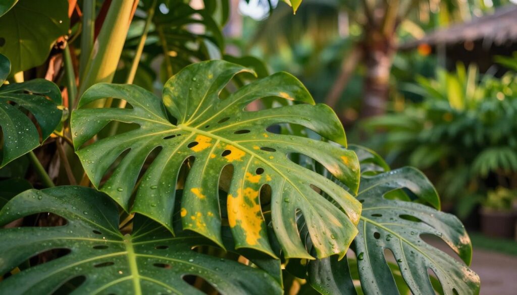 A close-up view of vibrant monstera fruit, showcasing its textured, green skin with distinctive perforations and a few ripe, yellowed sections. In the foreground, focus on the fruit nestled among lush, green monstera leaves, highlighting their iconic split styles and rich dew drops. The middle ground features a softly blurred backdrop of a tropical garden, filled with various shades of green, creating a sense of tropical abundance. The lighting is warm and natural, reminiscent of golden hour, casting gentle shadows and enhancing the fruit's appeal. The atmosphere is serene and inviting, capturing the exotic essence of this uniquely shaped tropical fruit.