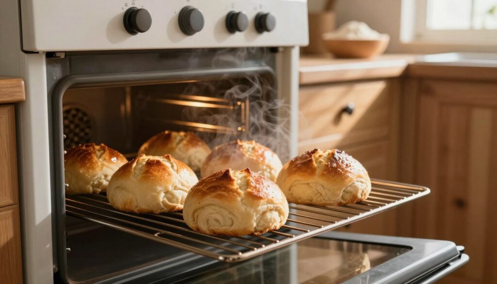 A cozy kitchen scene featuring freshly baked rolls being refreshed in an oven. In the foreground, there are two golden, crusty rolls placed on a wire rack, with steam subtly rising to indicate warmth. In the middle, an oven door is open, revealing additional baking rolls inside, their surfaces glistening slightly in the warm light. The background shows a rustic kitchen with wooden cabinets, a countertop with a small bowl of flour, and soft, warm afternoon light streaming through a nearby window, casting gentle shadows. The overall atmosphere is inviting and homely, emphasizing the process of reviving baked goods to achieve a crisp texture, with an emphasis on warmth and comfort in the scene.