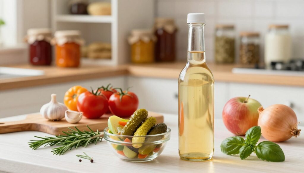 A cozy kitchen scene showcasing the various uses of apple cider vinegar in food preservation and cooking. In the foreground, a clear glass bottle of apple cider vinegar, next to a small bowl of pickled vegetables, and fresh herbs like rosemary and basil. The middle ground features a wooden cutting board with fresh produce such as tomatoes, garlic, and onions. In the background, softly lit shelves filled with jars of preserves and spices create a warm, inviting atmosphere. The lighting is bright but soft, mimicking natural daylight to highlight the vibrant colors of the ingredients. The scene conveys a sense of homely cooking and food preservation, inspiring culinary creativity. A cozy kitchen scene showcasing the various uses of apple cider vinegar in food preservation and cooking. In the foreground, a clear glass bottle of apple cider vinegar, next to a small bowl of pickled vegetables, and fresh herbs like rosemary and basil. The middle ground features a wooden cutting board with fresh produce such as tomatoes, garlic, and onions. In the background, softly lit shelves filled with jars of preserves and spices create a warm, inviting atmosphere. The lighting is bright but soft, mimicking natural daylight to highlight the vibrant colors of the ingredients. The scene conveys a sense of homely cooking and food preservation, inspiring culinary creativity.