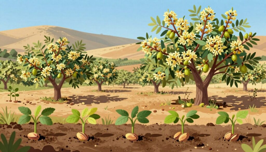 A detailed illustration of the pistachio life cycle, showcasing the various stages from seed germination to fruit maturity. In the foreground, young pistachio seedlings sprout from rich soil, surrounded by delicate green leaves. In the middle ground, blooming pistachio trees display clusters of flowers, transitioning to small green pistachios, emphasizing growth and development. The background features a sunlit landscape of rolling hills typical of pistachio-growing regions, illustrating warm, dry climates with clear blue skies. Soft, natural lighting casts gentle shadows, enhancing the freshness of the scene. The atmosphere reflects the vitality of nature, celebrating the unique journey of pistachios from seed to harvest, capturing the essence of their growth process. A detailed illustration of the pistachio life cycle, showcasing the various stages from seed germination to fruit maturity. In the foreground, young pistachio seedlings sprout from rich soil, surrounded by delicate green leaves. In the middle ground, blooming pistachio trees display clusters of flowers, transitioning to small green pistachios, emphasizing growth and development. The background features a sunlit landscape of rolling hills typical of pistachio-growing regions, illustrating warm, dry climates with clear blue skies. Soft, natural lighting casts gentle shadows, enhancing the freshness of the scene. The atmosphere reflects the vitality of nature, celebrating the unique journey of pistachios from seed to harvest, capturing the essence of their growth process.