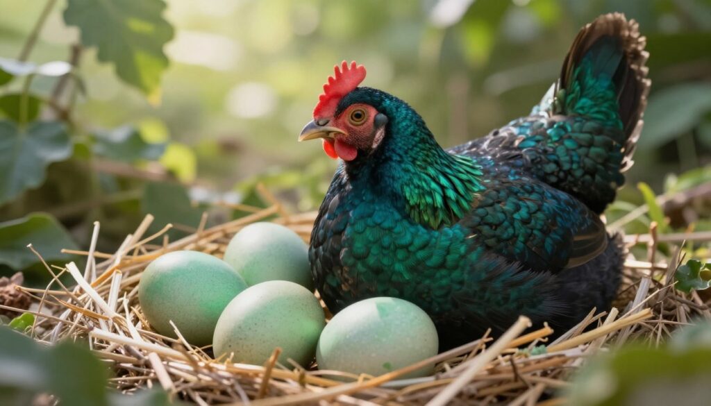 A detailed scene showcasing an enchanting biliwerdyna hen perched gracefully on a nest filled with vibrant green eggs. In the foreground, the hen's iridescent feathers shimmer in soft sunlight, revealing rich shades of teal and emerald. The middle ground features the speckled, smooth shells of the green eggs nestled among soft straw, highlighting their unique coloration. In the background, a natural farm setting with lush greenery and gentle sunlight filtering through leaves creates a serene and nurturing atmosphere. The composition is captured from a slightly elevated angle, focusing on the interplay of light and color, evoking a sense of wonder and harmony in nature. The overall mood is calm and tranquil, inviting the viewer to explore the beauty of genetic diversity in avian life.