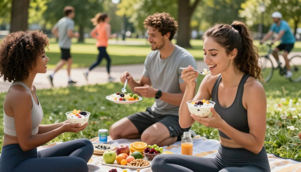 A dynamic scene featuring a group of diverse, active individuals enjoying skyr and engaging in a healthy lifestyle. In the foreground, a cheerful woman in modest athletic wear is sipping skyr from a bowl, surrounded by colorful fruits and nuts on a picnic blanket. In the middle ground, a man with a fitness tracker discusses meal prep with another person while showcasing a plate of assorted skyr dishes. The background reveals a sunlit park with green trees and people jogging and cycling, creating an energetic atmosphere. Use bright, natural lighting to highlight the freshness of the food and the enthusiasm of the participants, captured from a slightly elevated angle to encompass the lively outdoor setting.