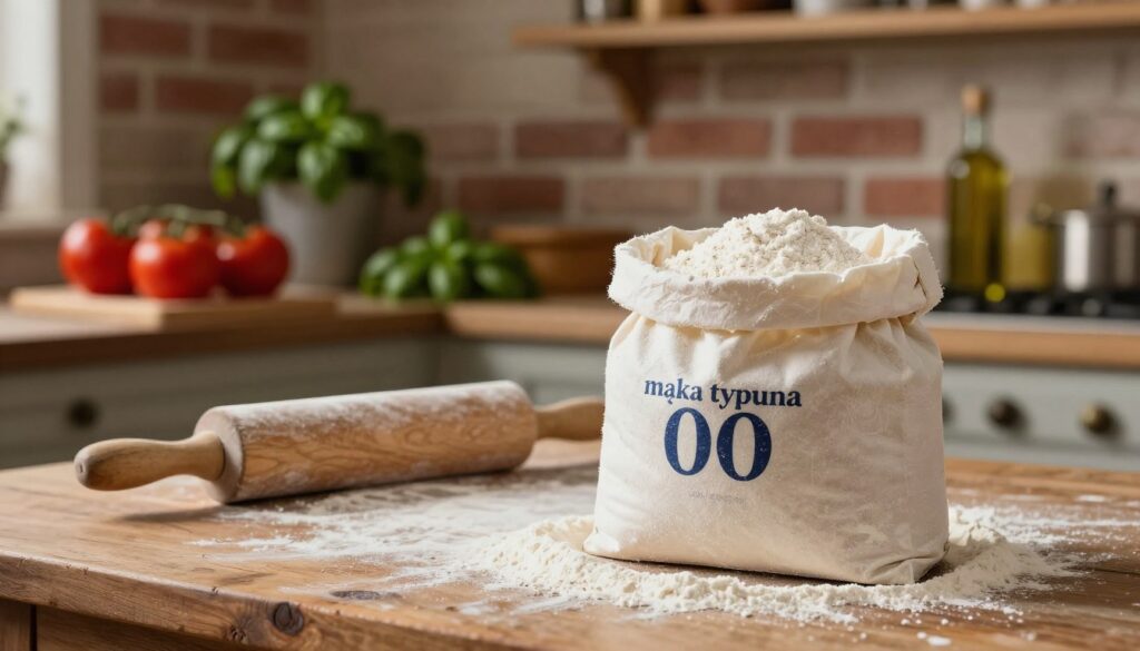 A fine bag of "mąka typu 00" sits prominently in the foreground, its white flour spilling slightly from the open top, showcasing its silky texture. In the middle ground, there is a rustic wooden table, adorned with a rolling pin and scattered flour, hinting at the pizza-making process. Behind, a traditional Italian kitchen setting features brick walls and wooden shelves filled with fresh ingredients like tomatoes, basil, and olive oil, softly blurred to create depth. The warm, inviting lighting casts gentle shadows, enhancing the textures and colors of the scene, evoking a cozy, culinary atmosphere. The focus is clear on the flour while the background remains harmoniously out of focus, drawing the viewer's eye to the essential ingredient for a perfect pizza crust.