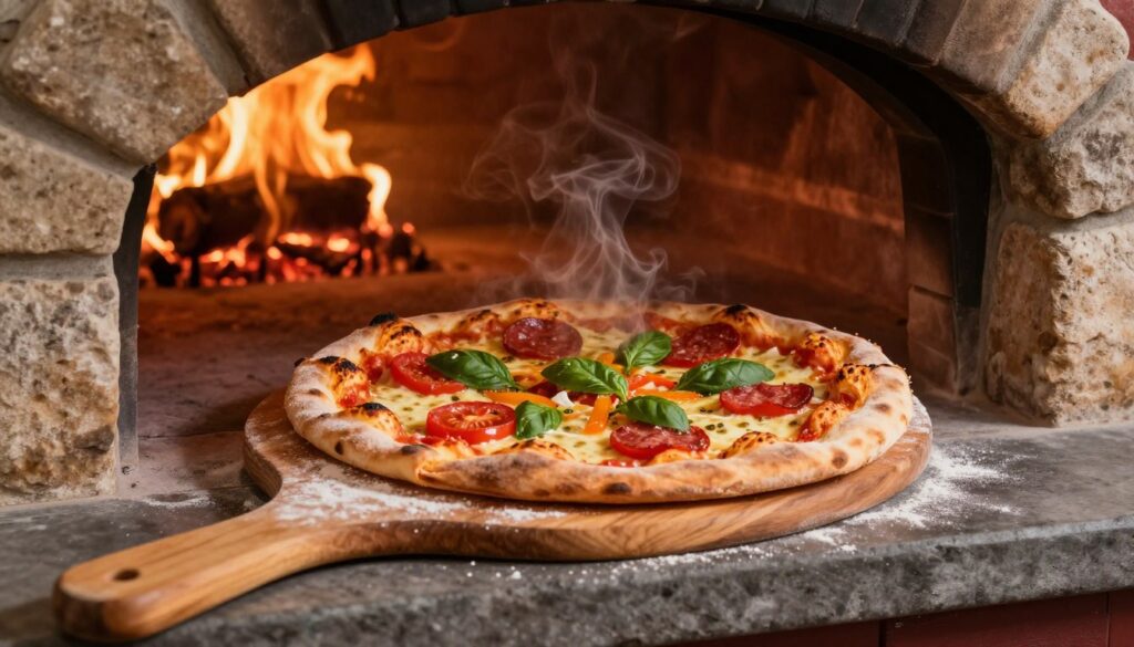 A freshly baked pizza emerges from a rustic oven, its golden crust perfectly crisped, revealing a bubbling layer of cheese and vibrant, colorful toppings including ripe tomatoes, fresh basil, and slices of pepperoni. In the foreground, a wooden pizza peel rests beside the pie, dusted with flour. The oven, built from stone, radiates warmth and smoky aromas, with a crackling fire visible in the background. Soft, warm light floods the scene, casting gentle shadows that enhance the textures of the pizza and the wood grain of the peel. The atmosphere is inviting and homely, suggesting the delight of a quick homemade meal, emphasizing the principles of baking at high temperature for that ideal crispness.