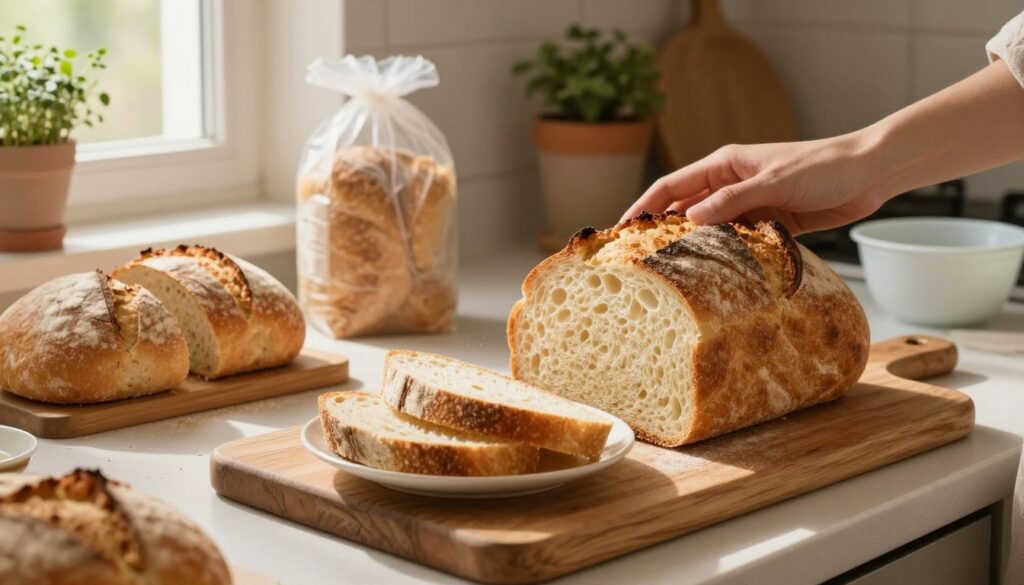A freshly sliced loaf of bread, with its golden crust and soft, airy interior, placed on a rustic wooden cutting board. In the foreground, a hand gently holds a small plate with a few slices of the bread, showcasing its texture. In the middle, a kitchen scene captures a countertop with an assortment of bread, frozen bread bags, and a defrosting bowl, hinting at the preparation for freezing bread. The background features soft, warm ambient lighting that creates a cozy atmosphere, illuminating the kitchen's natural elements like herbs in pots and a window showing sunlight streaming through. The image should evoke a sense of homey comfort and culinary care, emphasizing the process of preparing bread for freezing. A freshly sliced loaf of bread, with its golden crust and soft, airy interior, placed on a rustic wooden cutting board. In the foreground, a hand gently holds a small plate with a few slices of the bread, showcasing its texture. In the middle, a kitchen scene captures a countertop with an assortment of bread, frozen bread bags, and a defrosting bowl, hinting at the preparation for freezing bread. The background features soft, warm ambient lighting that creates a cozy atmosphere, illuminating the kitchen's natural elements like herbs in pots and a window showing sunlight streaming through. The image should evoke a sense of homey comfort and culinary care, emphasizing the process of preparing bread for freezing.