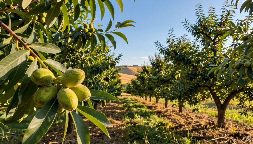 A picturesque scene showcasing a small orchard of pistachio trees in Poland, emphasizing the unique climate conditions they require. In the foreground, a few vibrant green pistachio nuts are nestled among lush leaves, highlighting their rich texture and color. The middle ground features well-maintained rows of pistachio trees, their branches heavy with nuts under a clear blue sky. In the background, gentle rolling hills with soft, golden sunlight cast a warm glow over the landscape, creating an inviting atmosphere. The sunlight filters through the leaves, producing dappled shadows on the ground. The overall mood is tranquil and reflective, symbolizing the challenges and beauty of growing pistachios in Poland. The scene should evoke a sense of possibility and hope for successful cultivation. A picturesque scene showcasing a small orchard of pistachio trees in Poland, emphasizing the unique climate conditions they require. In the foreground, a few vibrant green pistachio nuts are nestled among lush leaves, highlighting their rich texture and color. The middle ground features well-maintained rows of pistachio trees, their branches heavy with nuts under a clear blue sky. In the background, gentle rolling hills with soft, golden sunlight cast a warm glow over the landscape, creating an inviting atmosphere. The sunlight filters through the leaves, producing dappled shadows on the ground. The overall mood is tranquil and reflective, symbolizing the challenges and beauty of growing pistachios in Poland. The scene should evoke a sense of possibility and hope for successful cultivation.