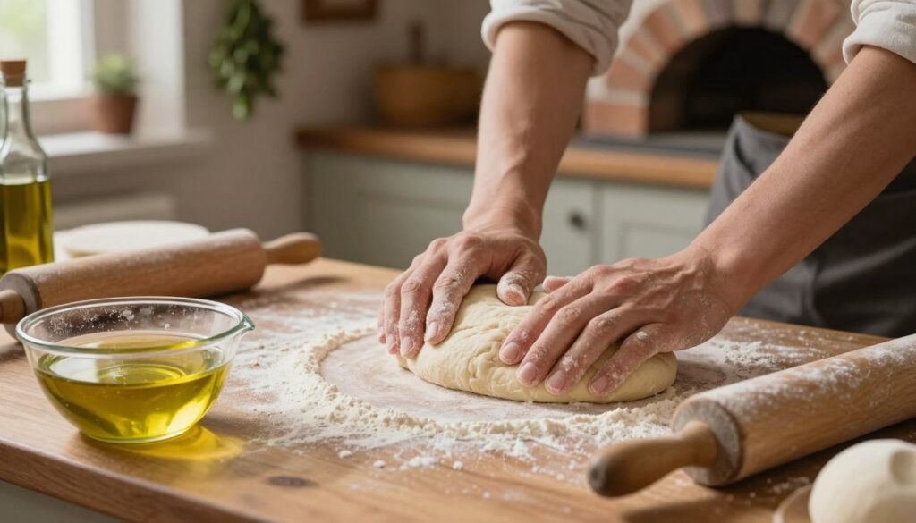 A rustic kitchen scene showcasing the preparation of pizza dough. In the foreground, a wooden countertop is scattered with flour, a bowl of active yeast mixed with warm water, and a measuring cup filled with olive oil. A rolling pin and a pizza stone hint at the next steps. In the middle, focus on a pair of hands gently kneading the dough, emphasizing the texture and elasticity of the mixture. The background features a warm, soft-focus view of traditional kitchen elements like hanging herbs and a brick oven, bathed in soft, natural light that creates a cozy atmosphere. The overall mood is inviting and homely, perfect for an authentic cooking experience. A rustic kitchen scene showcasing the preparation of pizza dough. In the foreground, a wooden countertop is scattered with flour, a bowl of active yeast mixed with warm water, and a measuring cup filled with olive oil. A rolling pin and a pizza stone hint at the next steps. In the middle, focus on a pair of hands gently kneading the dough, emphasizing the texture and elasticity of the mixture. The background features a warm, soft-focus view of traditional kitchen elements like hanging herbs and a brick oven, bathed in soft, natural light that creates a cozy atmosphere. The overall mood is inviting and homely, perfect for an authentic cooking experience.