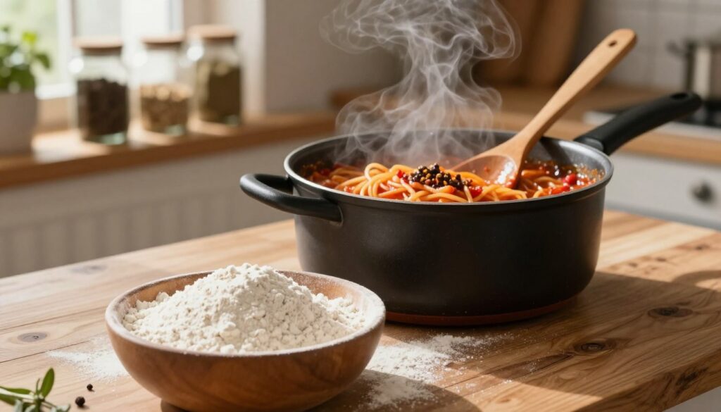 A rustic kitchen setting featuring a wooden table with a bowl of fine white flour in the foreground, emphasizing its textured surface. In the middle ground, a close-up view of a pot with simmering spaghetti sauce, steam rising, revealing vibrant hues of red and rich spices. A wooden spoon rests beside the pot, suggesting recent stirring. The background softly blurs, highlighting shelves with jars of various spices and fresh herbs, enhancing the warm, inviting atmosphere. Natural light streams in through a window, casting gentle shadows across the scene, creating a cozy mood. The composition focuses on the art of thickening sauce using flour, emphasizing the essential elements of culinary technique without distractions.