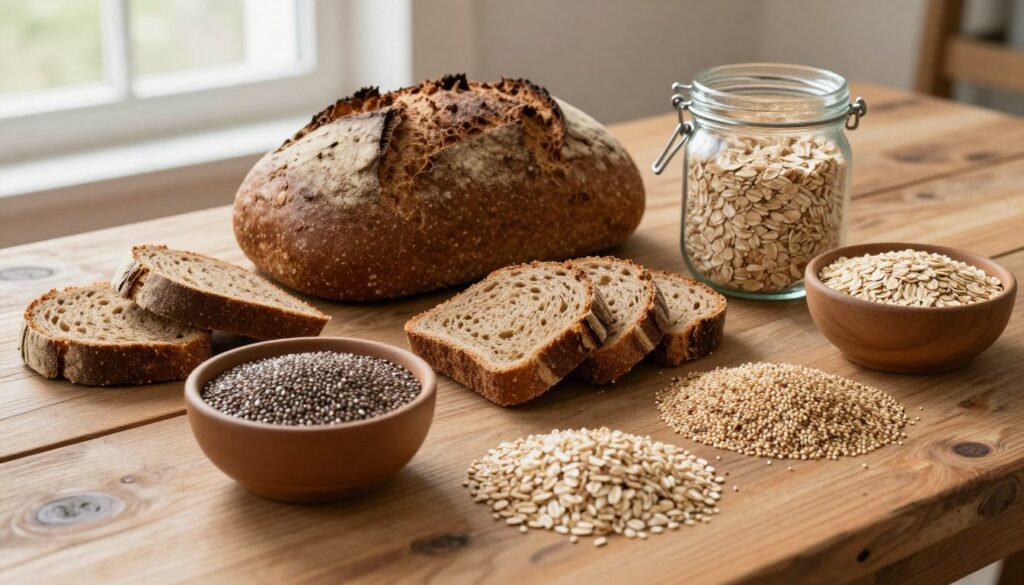 A rustic wooden table is filled with a variety of whole grain products rich in fiber, such as brown bread, oats, and quinoa, arranged artfully. In the foreground, a bowl of mixed seeds like chia and flax adds texture. The middle of the scene features a loaf of freshly baked multigrain bread, sliced to reveal its hearty texture, alongside a jar of granular oats. In the background, soft natural lighting streams through a window, highlighting the earthy tones and organic shapes of the food. The atmosphere feels warm and inviting, aiming to evoke a sense of health and nutrition. The composition is shot from a slightly elevated angle to capture the richness and variety of these fiber-rich grain products. A rustic wooden table is filled with a variety of whole grain products rich in fiber, such as brown bread, oats, and quinoa, arranged artfully. In the foreground, a bowl of mixed seeds like chia and flax adds texture. The middle of the scene features a loaf of freshly baked multigrain bread, sliced to reveal its hearty texture, alongside a jar of granular oats. In the background, soft natural lighting streams through a window, highlighting the earthy tones and organic shapes of the food. The atmosphere feels warm and inviting, aiming to evoke a sense of health and nutrition. The composition is shot from a slightly elevated angle to capture the richness and variety of these fiber-rich grain products.