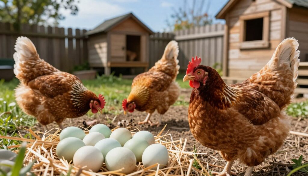 A serene backyard scene featuring a diverse trio of hens in vibrant colors, specifically breeds known for laying green eggs, such as the Araucana. In the foreground, one hen with rich brown feathers closely examines a cluster of smooth, pastel green eggs nestled in soft straw. The middle ground showcases additional hens pecking at the ground, highlighting their unique plumage: one with a slate blue coat and another with an orange hue. The background reveals a charming wooden coop with a rustic fence and patches of green grass, complemented by a clear blue sky. Gentle sunlight filters through the trees, casting soft shadows and creating a warm, inviting atmosphere. The overall mood is tranquil and idyllic, emphasizing the charm of backyard poultry keeping.