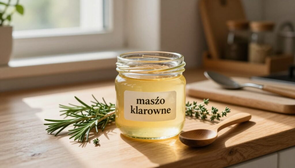 A serene kitchen scene featuring a glass jar of clarified butter, or “masło klarowane,” prominently displayed on a wooden countertop. The jar, filled with golden, translucent butter, is surrounded by fresh herbs like rosemary and thyme, along with a small wooden spoon resting nearby. In the background, soft sunlight streams through a window, casting gentle shadows and creating a warm, inviting atmosphere. A subtle hint of rustic kitchen elements, such as a cutting board and vintage utensils, adds to the ambiance. A well-organized spice rack is visible on a shelf, suggesting a focus on culinary excellence and health. The overall mood is cozy and homely, perfect for illustrating tips on storage and longevity of clarified butter.