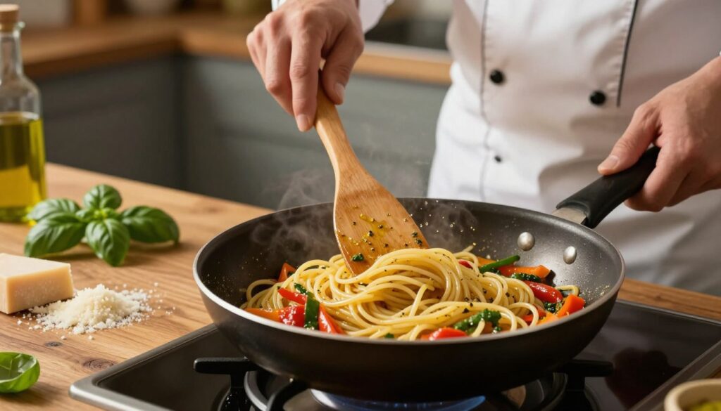 A skilled chef in a modest kitchen, carefully reheating spaghetti on a skillet over medium heat. The focus is on the frying pan, filled with tender, glossy strands of pasta, gently sizzling with a splash of olive oil and aromatic herbs. In the foreground, a wooden spatula is stirring the pasta, showcasing vibrant colors from sautéed vegetables mixed in. The middle ground features a rustic wooden table with fresh basil and grated Parmesan cheese, adding depth to the scene. The background reveals a softly lit kitchen with warm, inviting lighting that creates a cozy atmosphere. A depth of field effect subtly blurs the background, drawing attention to the delicious pasta being revitalized, emphasizing the warmth and care in the cooking process.