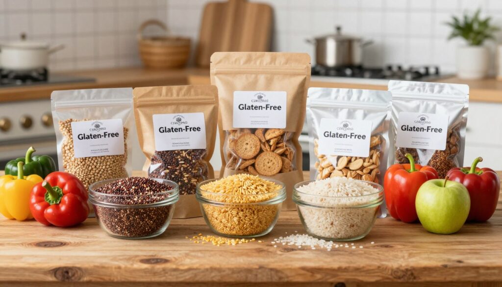 A splendid arrangement of certified gluten-free products displayed artfully on a rustic wooden table. In the foreground, focus on an assortment of vibrant gluten-free grains, such as quinoa and rice, alongside colorful fruits and vegetables like bell peppers and apples. The middle ground features beautifully packaged gluten-free snacks and baked goods, showcasing clear certification labels. In the background, a softly blurred kitchen setting with warm, natural lighting creates a welcoming and healthy atmosphere. Use a shallow depth of field to emphasize the products and create a sense of depth. The overall mood is inviting and informative, highlighting the benefits of choosing certified gluten-free items in an aesthetically pleasing manner. A splendid arrangement of certified gluten-free products displayed artfully on a rustic wooden table. In the foreground, focus on an assortment of vibrant gluten-free grains, such as quinoa and rice, alongside colorful fruits and vegetables like bell peppers and apples. The middle ground features beautifully packaged gluten-free snacks and baked goods, showcasing clear certification labels. In the background, a softly blurred kitchen setting with warm, natural lighting creates a welcoming and healthy atmosphere. Use a shallow depth of field to emphasize the products and create a sense of depth. The overall mood is inviting and informative, highlighting the benefits of choosing certified gluten-free items in an aesthetically pleasing manner.