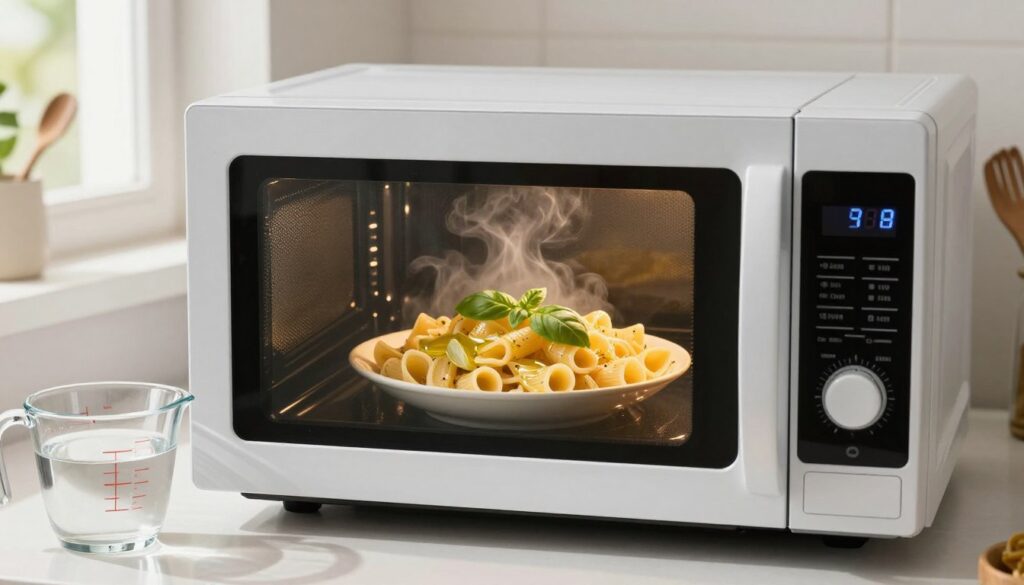 A steaming bowl of pasta sits in a sleek, modern microwave, showcasing the process of reheating. The macaroni, coated in a light layer of olive oil and garnished with fresh basil leaves, glistens enticingly to highlight its perfect texture. In the foreground, a glass measuring cup filled with water is placed next to the microwave, emphasizing the importance of moisture in reheating. The kitchen setting is bright and airy, with warm, natural light streaming in from a window, casting soft shadows. The microwave's digital display shows a timer set for a few minutes, indicating the perfect reheating time, while the background features a clean countertop with utensils neatly arranged. The overall mood is inviting and homey, demonstrating the art of reheating pasta without drying it out or making it sticky.