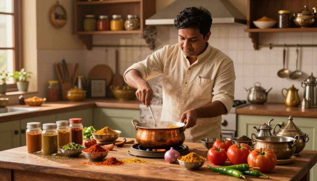 A vibrant Indian kitchen scene showcasing the use of garam masala. In the foreground, a wooden table laden with colorful spices, jars of garam masala, and a variety of fresh ingredients like tomatoes, onions, and green chilies. A curry pot simmers gently, releasing steam, while an array of traditional Indian utensils is neatly arranged nearby. In the middle ground, a skilled chef, dressed in modest casual attire, is stirring the pot, with a focused expression, surrounded by an inviting ambiance infused with warm golden lighting. The background features rustic shelves filled with spices and cooking books, adding depth and authenticity to the setting. Overall, the atmosphere feels vibrant, warm, and homey, reflecting the rich culinary culture of Indian cuisine.