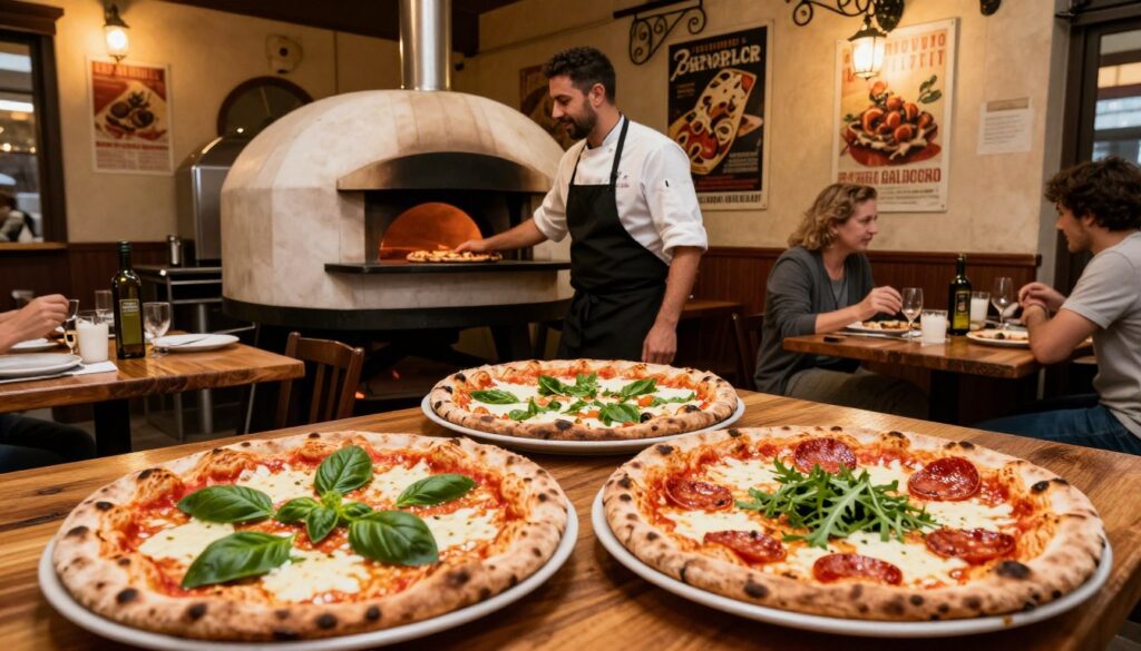 A vibrant Italian pizzeria setting in Rome, showcasing a variety of pizzas on a rustic wooden table. In the foreground, a classic margherita pizza with fresh basil, a pepperoni pizza glistening with cheese, and a gourmet white pizza topped with arugula. The middle ground includes a friendly Italian chef in a white shirt and black apron, skillfully placing pizzas in a traditional wood-fired oven. The background features charming Italian decor with vintage posters and wrought-iron accents, illuminated by warm, ambient lighting. Capture the lively atmosphere of a bustling pizzeria, with patrons enjoying their meals and a bottle of olive oil on the table. Shot from a slightly elevated angle to encompass both the dishes and the inviting ambiance of the establishment.