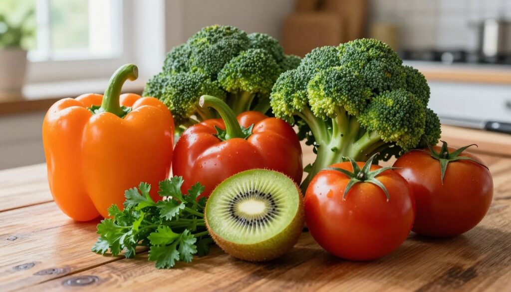 A vibrant and colorful still life featuring a variety of vegetables rich in Vitamin C, such as bright orange bell peppers, deep green broccoli, and luscious red tomatoes, arranged artfully on a rustic wooden table. In the foreground, a sliced kiwi and a handful of fresh parsley hint at the vibrancy of a healthy diet. Soft, natural light filters through a nearby window, casting gentle shadows and highlighting the glossy textures of the vegetables. The background features a blurred kitchen setting, complete with hints of a cutting board and a knife, creating an inviting and wholesome atmosphere. The overall mood is fresh and energizing, perfect for illustrating the significance of incorporating Vitamin C-rich vegetables into daily meals.