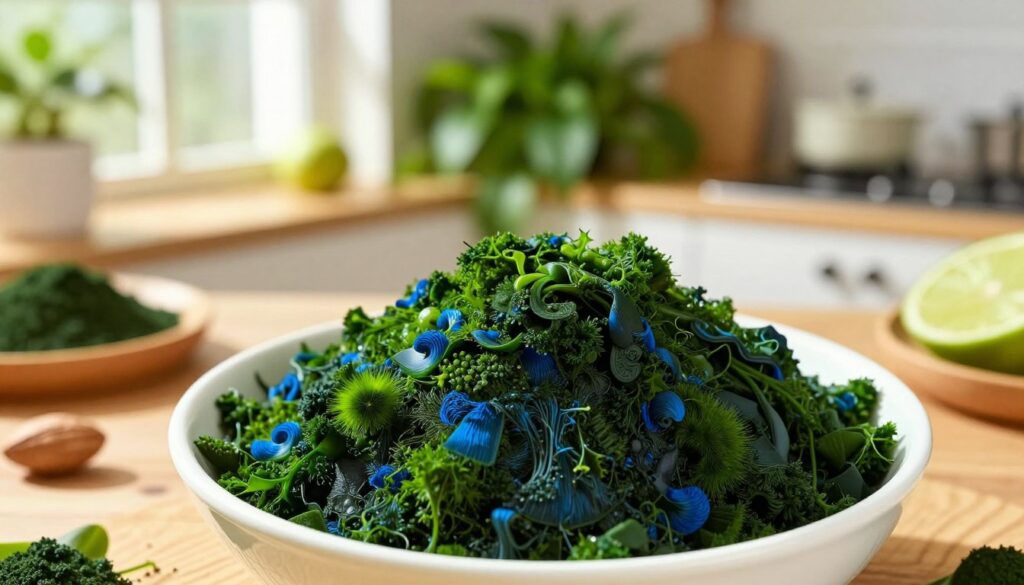 A vibrant and detailed depiction of spirulina in its natural form, showcased prominently in the foreground. The spirulina algae, rich in rich green and blue tones, is illustrated in a bowl, surrounded by fresh ingredients like fruits and nuts to emphasize its nutritional properties. In the middle ground, a well-lit kitchen setting features soft sunlight streaming in through a window, casting gentle shadows. The background consists of lush green plants, symbolizing health and vitality, while a rustic wooden table adds warmth to the scene. The overall atmosphere is fresh and inviting, conveying a sense of wellness and vitality. The image should be composed with a slightly overhead angle to highlight the spirulina and its vibrant colors, emphasizing its nutritious and active ingredients.