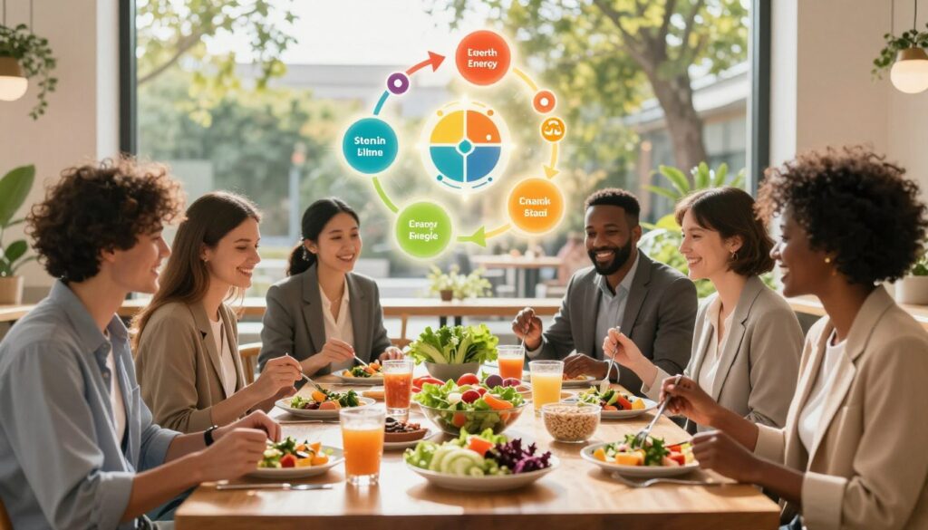 A vibrant and dynamic illustration depicting the concept of metabolism and energy. In the foreground, a diverse group of professionals, dressed in smart casual attire, are engaged in a healthy lunch at a modern café table filled with colorful dishes rich in nutrients, like salads, proteins, and whole grains. The middle ground features a glowing chart or infographic showing a simplified energy flow diagram, emphasizing metabolism. The background reveals a sunny outdoor setting with greenery and trees, symbolizing vitality and life. Soft, natural lighting illuminates the scene, creating a warm and inviting atmosphere. The mood is upbeat and energizing, promoting a healthy lifestyle and balanced meal timing.