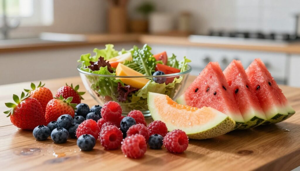 A vibrant and inviting display of low-calorie fruits arranged artfully on a wooden table. In the foreground, showcase a variety of fresh berries such as strawberries, blueberries, and raspberries, alongside slices of watermelon and cantaloupe, all glistening with water droplets to emphasize freshness. In the middle ground, include a light, airy salad bowl adorned with mixed greens and colorful fruit slices, hinting at healthy eating. The background features a soft-focus kitchen setting with warm, natural lighting illuminating the scene from a nearby window, creating a cozy and welcoming atmosphere. The overall mood is invigorating and health-conscious, ideal for promoting a light diet.