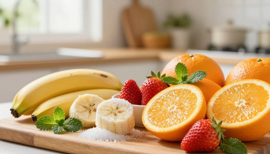 A vibrant assortment of fruits showcasing simple sugars, including ripe bananas, juicy strawberries, and sweet oranges, displayed prominently in the foreground. The fruits should be cut in half to reveal their natural sugars glistening. In the middle, a wooden cutting board adds a rustic touch, while fresh mint leaves provide a contrasting pop of green. The background features a softly blurred kitchen setting with warm, natural light streaming in from a window, creating an inviting and healthy atmosphere. The overall composition should convey a sense of freshness, balance, and the natural sweetness of fruits. Utilize a shallow depth of field to emphasize the fruits while maintaining a cozy, homely vibe. A vibrant assortment of fruits showcasing simple sugars, including ripe bananas, juicy strawberries, and sweet oranges, displayed prominently in the foreground. The fruits should be cut in half to reveal their natural sugars glistening. In the middle, a wooden cutting board adds a rustic touch, while fresh mint leaves provide a contrasting pop of green. The background features a softly blurred kitchen setting with warm, natural light streaming in from a window, creating an inviting and healthy atmosphere. The overall composition should convey a sense of freshness, balance, and the natural sweetness of fruits. Utilize a shallow depth of field to emphasize the fruits while maintaining a cozy, homely vibe.