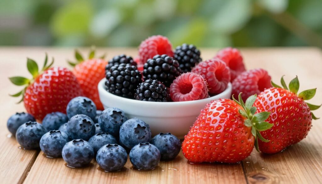 A vibrant assortment of the healthiest berry fruits arranged artistically on a wooden table. In the foreground, display plump blueberries and bright red strawberries, glistening with droplets of water, highlighting their freshness. In the middle, include a small bowl filled with blackberries and raspberries, showcasing their rich colors and textures. In the background, softly blurred greenery hints at a garden setting, evoking a natural and wholesome atmosphere. Use soft, natural lighting to accentuate the berries' vivid colors and details, creating an inviting and refreshing mood. The composition should capture the essence of health and nutrition without any text or visual distractions. A vibrant assortment of the healthiest berry fruits arranged artistically on a wooden table. In the foreground, display plump blueberries and bright red strawberries, glistening with droplets of water, highlighting their freshness. In the middle, include a small bowl filled with blackberries and raspberries, showcasing their rich colors and textures. In the background, softly blurred greenery hints at a garden setting, evoking a natural and wholesome atmosphere. Use soft, natural lighting to accentuate the berries' vivid colors and details, creating an inviting and refreshing mood. The composition should capture the essence of health and nutrition without any text or visual distractions.