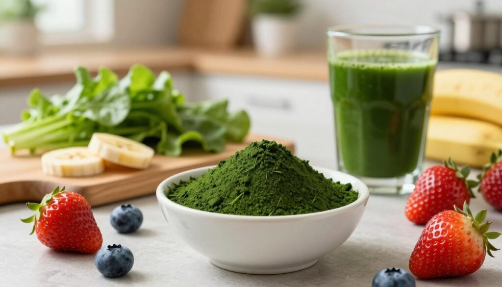 A vibrant composition showcasing spirulina in a visually appealing manner, positioned prominently in the foreground. The spirulina is presented as a vibrant green powder in a small, elegant bowl. Surrounding the bowl, fresh fruits, such as strawberries and blueberries, emphasize a healthy lifestyle. In the midground, a neatly arranged cutting board with leafy greens and healthy snacks adds depth, while a glass of green smoothie made with spirulina and ingredients like banana and spinach captures the theme of weight loss support. The background features a softly lit kitchen setting with plants and fruits, creating an inviting atmosphere. The lighting is warm and natural, evoking a fresh and invigorating mood, perfect for illustrating the health benefits of spirulina in the weight loss journey.