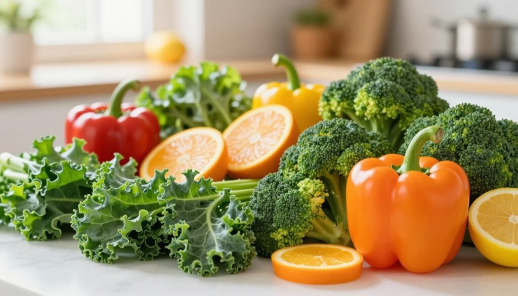 A vibrant display of an assortment of colorful vegetables rich in vitamin C, prominently featuring bell peppers, broccoli, and leafy greens. In the foreground, fresh green kale is elegantly laid out alongside bright orange bell peppers and deep green broccoli florets. In the middle ground, slices of citrus fruits, such as oranges and lemons, add a zesty touch. The background is softly blurred with a warm, inviting kitchen setting, illuminated by natural light streaming in through a window, creating a sense of warmth and healthiness. The overall mood is uplifting and energizing, evoking a strong connection between nutrition and well-being.