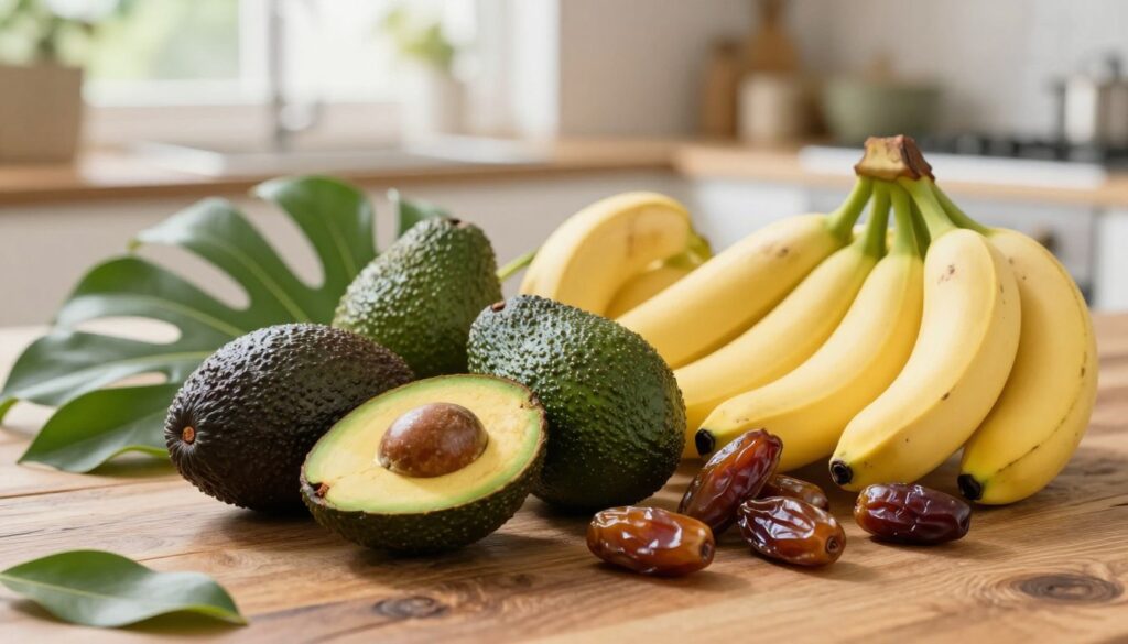 A vibrant display of high-calorie fruits, such as ripe avocados, bananas, and dates, artistically arranged on a rustic wooden table. In the foreground, the texture of the fruits is highlighted, showcasing their rich colors and smooth surfaces under soft, natural lighting. The middle ground features a few scattered tropical leaves, adding a touch of lushness. In the background, a blurred view of a sunlit kitchen with light filtering through a window enhances the warm atmosphere. The overall mood is inviting and wholesome, emphasizing the role of these fruits in a balanced diet. The image is captured with a slight overhead angle using a shallow depth of field to focus on the vibrant fruits, creating a sense of abundance and healthfulness.