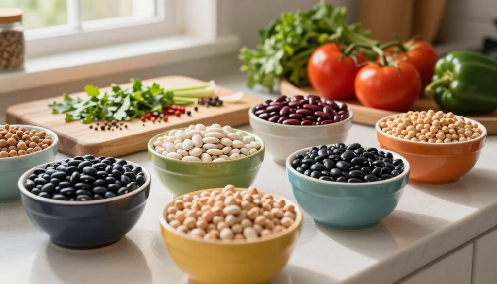 A vibrant kitchen counter filled with the most popular varieties of beans, such as black beans, kidney beans, pinto beans, and garbanzo beans arranged in colorful bowls. The foreground showcases close-up details of the beans' textures and colors, highlighting their glossy surfaces. In the middle ground, a wooden cutting board with chopped herbs and spices complements the scene, while fresh vegetables like tomatoes and bell peppers add freshness. In the background, soft natural light streams through a window, casting warm shadows that enhance the cozy kitchen atmosphere. The angle is slightly elevated, providing a clear view of the delightful array of ingredients, evoking a sense of healthy cooking and culinary creativity. The ambiance is inviting and wholesome, emphasizing the importance of including beans in a balanced diet. A vibrant kitchen counter filled with the most popular varieties of beans, such as black beans, kidney beans, pinto beans, and garbanzo beans arranged in colorful bowls. The foreground showcases close-up details of the beans' textures and colors, highlighting their glossy surfaces. In the middle ground, a wooden cutting board with chopped herbs and spices complements the scene, while fresh vegetables like tomatoes and bell peppers add freshness. In the background, soft natural light streams through a window, casting warm shadows that enhance the cozy kitchen atmosphere. The angle is slightly elevated, providing a clear view of the delightful array of ingredients, evoking a sense of healthy cooking and culinary creativity. The ambiance is inviting and wholesome, emphasizing the importance of including beans in a balanced diet.