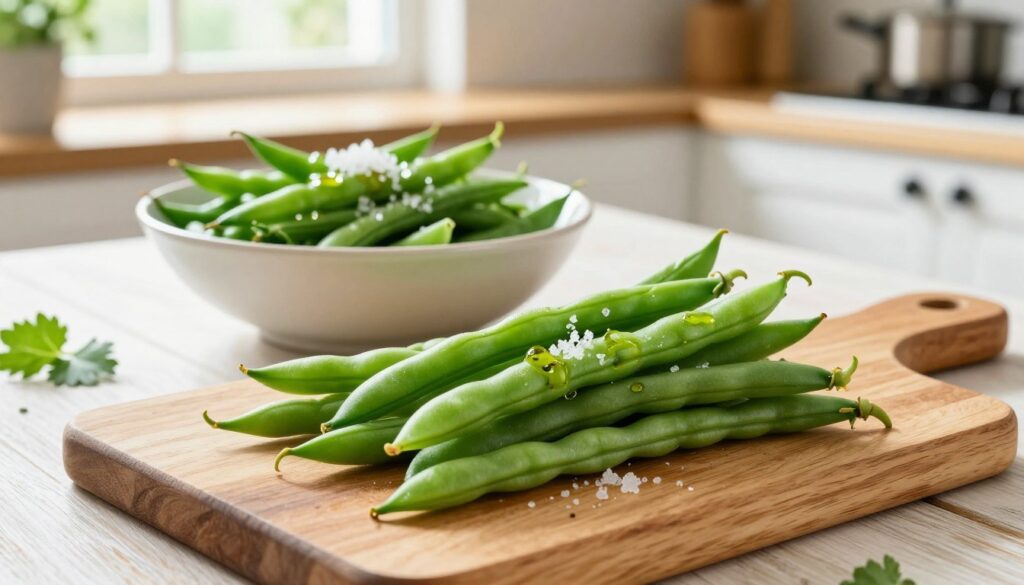 A vibrant kitchen scene featuring freshly prepared green beans (fasolka szparagowa) on a wooden cutting board. In the foreground, a neat pile of bright green beans is arranged artistically, showcasing their crisp texture and vivid color. In the middle, a light, rustic table is adorned with a beautiful bowl of lightly steamed green beans garnished with a sprinkle of sea salt and olive oil. The background reveals soft natural light streaming in through a window, illuminating an inviting kitchen filled with herbs and cooking utensils. The atmosphere is warm and inviting, suggesting a healthy, wholesome meal. The image is shot from a slightly elevated angle, highlighting the freshness and appeal of the dish, emphasizing its healthful benefits.