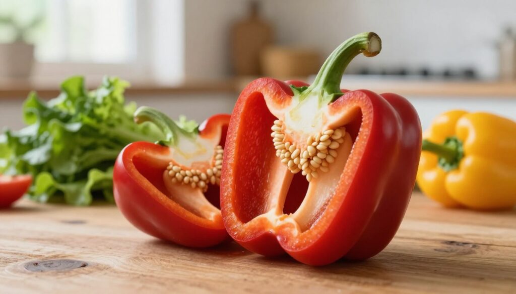 A vibrant red bell pepper strategically cut in half, showcasing its interior filled with seeds and flesh, resting on a rustic wooden table. Surrounding the bell pepper, an array of colorful vegetables, including leafy greens and yellow peppers, provide a rich contrast. In the background, a softly blurred kitchen setting with natural light filtering through a window creates a warm and inviting atmosphere. The image should focus on the fresh texture of the red bell pepper, emphasizing its glossy skin and vibrant color. The angle should be slightly tilted to create depth, highlighting the nutritional aspect. Ensure the environment is clean and professional, free from any distractions or text overlays. The overall mood is fresh, healthy, and inspiring, suitable for an educational article on nutrition.