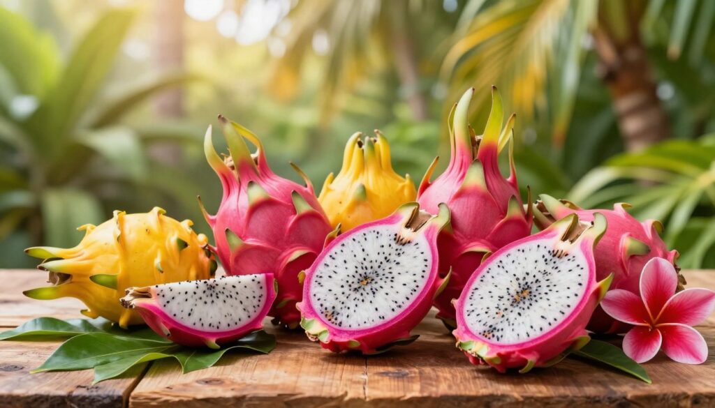 A vibrant still life composition featuring various dragon fruit (pitaya) varieties prominently displayed in the foreground. Include whole and sliced pitayas, showcasing their striking colors: bright pink, yellow, and white flesh with black seeds. Arrange them artistically on a rustic wooden table, with lush green leaves and a few tropical flowers around for added visual appeal. In the middle ground, softly blurred tropical plants and fruits hint at a warm, exotic environment. The background should offer a warm, sunlight-drenched atmosphere, suggesting a tropical garden. Use soft, natural lighting that enhances the textures and colors of the pitayas, captured at eye-level for an inviting perspective. The overall mood should be vibrant and refreshing, suitable for a culinary exploration.