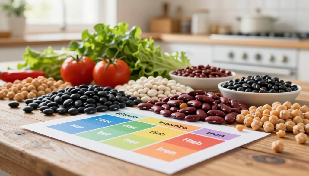 A visually appealing and informative display of the nutritional values of beans, featuring a vibrant arrangement of various types of beans including black beans, kidney beans, and chickpeas, placed on a rustic wooden table. In the foreground, a colorful chart or infographic illustrating key vitamins and nutrients, like protein, fiber, and iron, is artistically blended with the beans. The middle ground should include fresh vegetables like tomatoes and leafy greens to symbolize healthiness. In the background, a softly lit kitchen setting enhances the atmosphere, with sunlight streaming through a window to create a warm and inviting feel. The image conveys a sense of wholesome nutrition and encourages healthy eating habits, with a bright and clean aesthetic. A visually appealing and informative display of the nutritional values of beans, featuring a vibrant arrangement of various types of beans including black beans, kidney beans, and chickpeas, placed on a rustic wooden table. In the foreground, a colorful chart or infographic illustrating key vitamins and nutrients, like protein, fiber, and iron, is artistically blended with the beans. The middle ground should include fresh vegetables like tomatoes and leafy greens to symbolize healthiness. In the background, a softly lit kitchen setting enhances the atmosphere, with sunlight streaming through a window to create a warm and inviting feel. The image conveys a sense of wholesome nutrition and encourages healthy eating habits, with a bright and clean aesthetic.