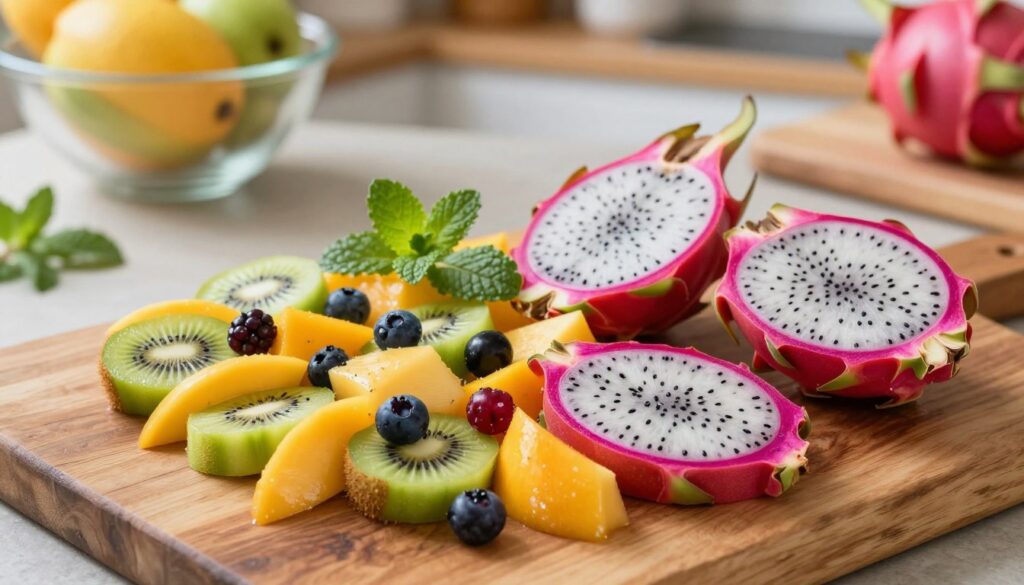 A visually appealing arrangement of vibrant pitahaya (dragon fruit) slices on a rustic wooden kitchen table. In the foreground, showcase a colorful, artistically arranged fruit salad featuring pitahaya with contrasting fruits like kiwi, mango, and berries. In the middle, include a few herbs like mint for a fresh touch. The background should feature soft-focus kitchen elements, such as a fruit bowl and a cutting board. Use natural lighting to create a warm and inviting atmosphere, enhancing the textures and colors of the fruits. The composition should evoke a sense of creativity and inspiration in the kitchen, promoting the joy of cooking with pitahaya. Capture the image from a slightly elevated angle, emphasizing the vibrant colors and inviting textures.