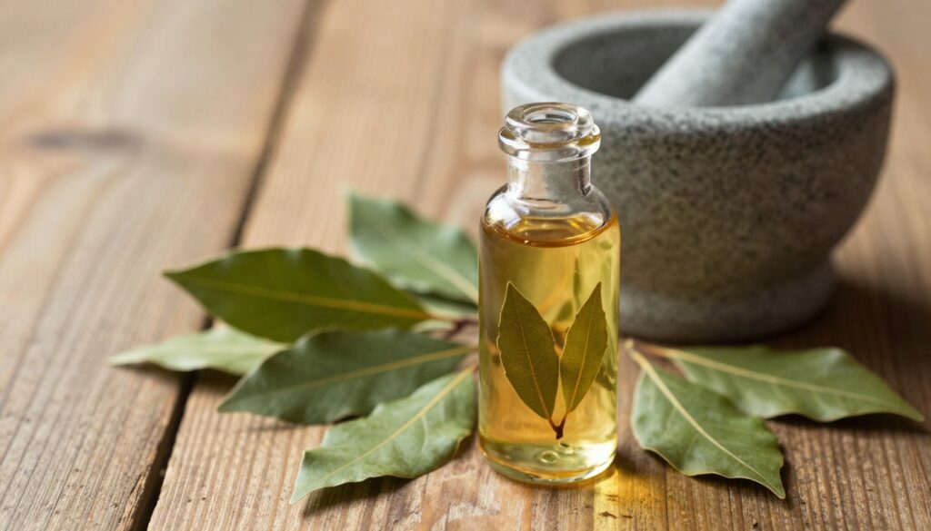 A visually captivating close-up of a glass bottle filled with golden-brown bay leaf oil, set against a rustic wooden table. In the foreground, the bottle is elegantly labeled with a design featuring bay leaves. Surrounding the bottle are fresh bay leaves scattered artfully, showcasing their rich green hues. In the middle background, a small mortar and pestle made of stone rests, hinting at natural ingredients being prepared. Soft, warm natural lighting filters in from the side, illuminating the oil and creating gentle reflections on the glass. The mood is serene and earthy, evoking a sense of natural healing and wellness. The overall color palette consists of warm browns and greens, inviting the viewer into the world of holistic remedies.