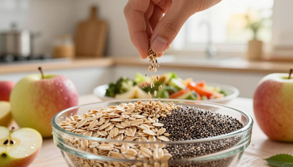 A visually striking illustration of soluble fiber in a vibrant, natural setting. In the foreground, a clear bowl filled with a variety of soluble fiber sources, such as oats, chia seeds, and apples, glistens with dew, showcasing their textures. In the middle ground, a hand gently sprinkles fiber granules over a healthy meal, symbolizing its integration into daily diets. The background features a soft-focus kitchen environment, warmly lit, with sunlight streaming in through a window, creating an inviting atmosphere. The composition emphasizes health and vitality, capturing the essence of soluble fiber’s role in nutrition. Use a wide-angle lens to enhance depth and warmth in the scene, ensuring a bright, uplifting mood throughout. A visually striking illustration of soluble fiber in a vibrant, natural setting. In the foreground, a clear bowl filled with a variety of soluble fiber sources, such as oats, chia seeds, and apples, glistens with dew, showcasing their textures. In the middle ground, a hand gently sprinkles fiber granules over a healthy meal, symbolizing its integration into daily diets. The background features a soft-focus kitchen environment, warmly lit, with sunlight streaming in through a window, creating an inviting atmosphere. The composition emphasizes health and vitality, capturing the essence of soluble fiber’s role in nutrition. Use a wide-angle lens to enhance depth and warmth in the scene, ensuring a bright, uplifting mood throughout.