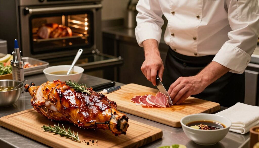 A well-lit kitchen workspace showcasing a variety of ham preparation techniques. In the foreground, a beautifully glazed ham is displayed on a wooden cutting board, garnished with herbs and spices. In the middle ground, a chef, dressed in professional attire, skillfully slices thin pieces of ham with a sharp knife, emphasizing precision. Surrounding the chef are tools for preparation: a meat injector, marinade bowls, and a digital thermometer, illustrating the preparation process. In the background, an oven is visible with a hint of golden-brown ham through the glass door, highlighting post-baking. The scene has warm, inviting lighting to evoke a sense of culinary passion and expertise. The atmosphere is busy yet organized, reflecting a professional kitchen environment.