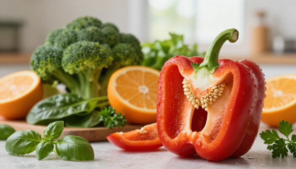 An artistic representation showcasing the health benefits of red bell peppers on the immune system. In the foreground, a vibrant, freshly cut red bell pepper, glistening with dew, with visible seeds and texture highlighting its freshness. The middle layer features a colorful array of healthy foods, such as broccoli, spinach, and citrus fruits, symbolizing a nutritious diet. The background is a softly blurred kitchen setting with natural light pouring in through a window, creating a warm and inviting atmosphere. A few herbs like basil and parsley are subtly placed around the scene, emphasizing natural health. The overall mood is uplifting and wholesome, illustrating vitality and wellness.